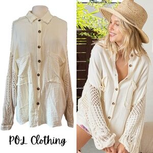 NWOT POL Sz L oversized boho button up with knit sweater sleeves distressed hem